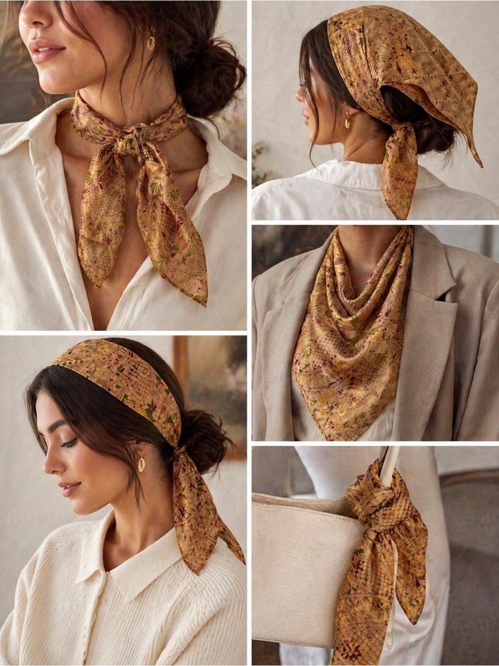 Vintage 100% Silk Scarf Square 35” Floral Ornamental Print Gold Lightweight Wrap